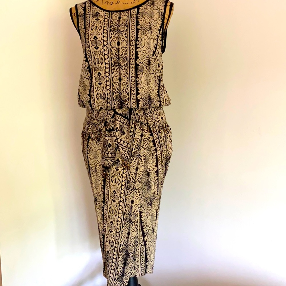 Carole Little Black and Cream Paisley-Stripe Midi Dress